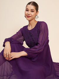 Antheaa Purple Embellished Puff Sleeves Gathered Fit & Flare Midi Dress
