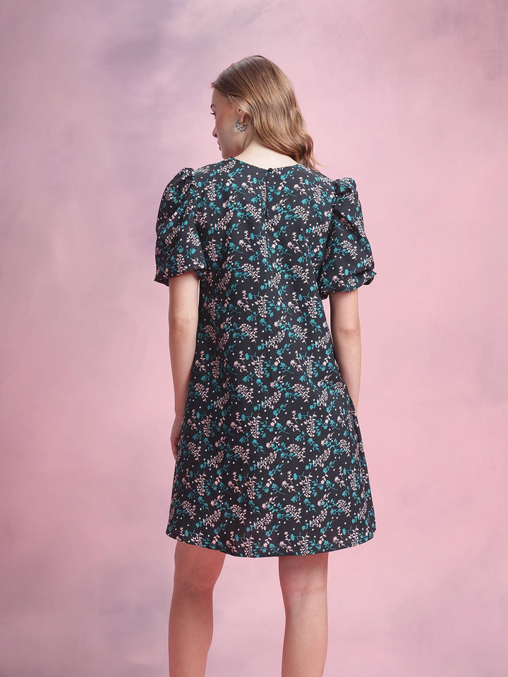 DressBerry Floral Print Puff Sleeve A-Line Dress