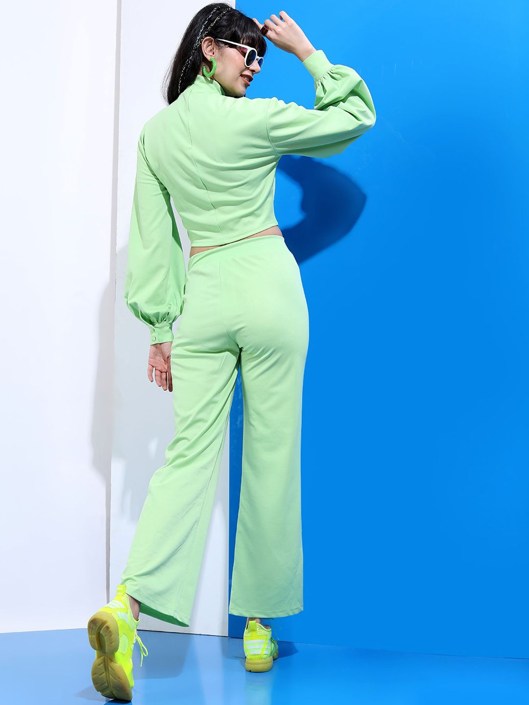 Tokyo Talkies Women Green Solid Crop-Top & Trouser Co-Ords