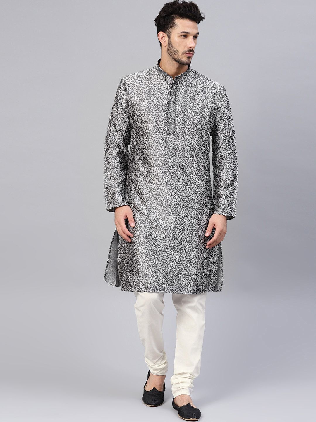 SOJANYA Woven Design Mandarin Collar Silk Cotton Kurta