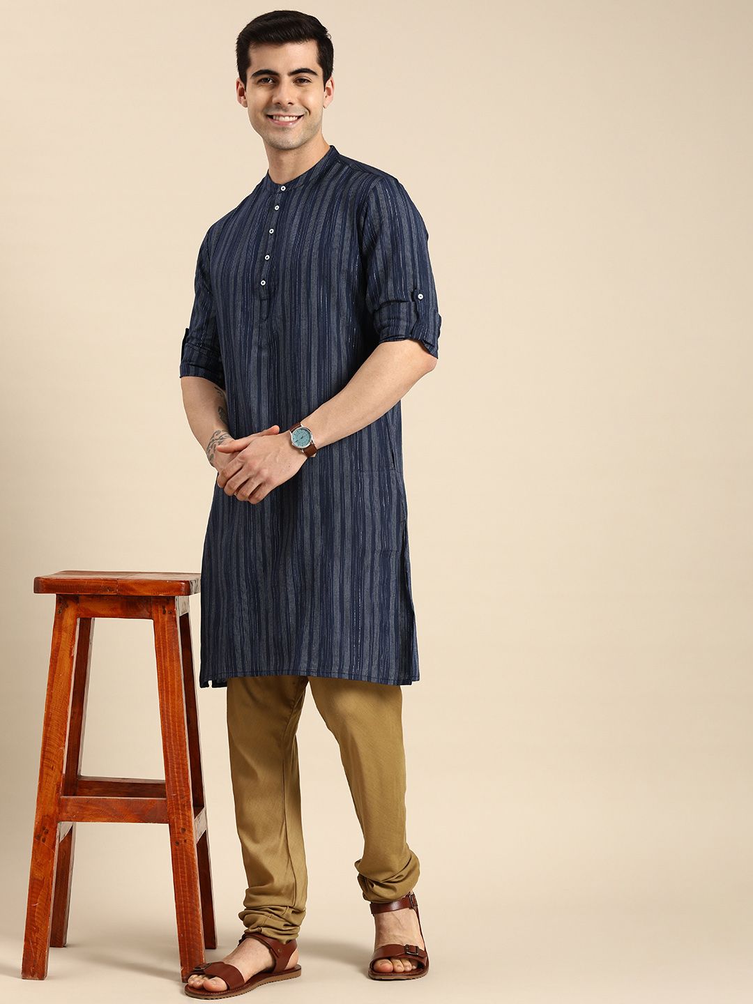 Anouk Men Navy Blue & Gold-Toned Striped Mandarin-Collar Indigo Kurta