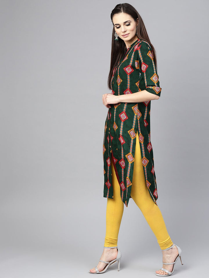 SOJANYA Women Green & Orange Printed Straight Kurta