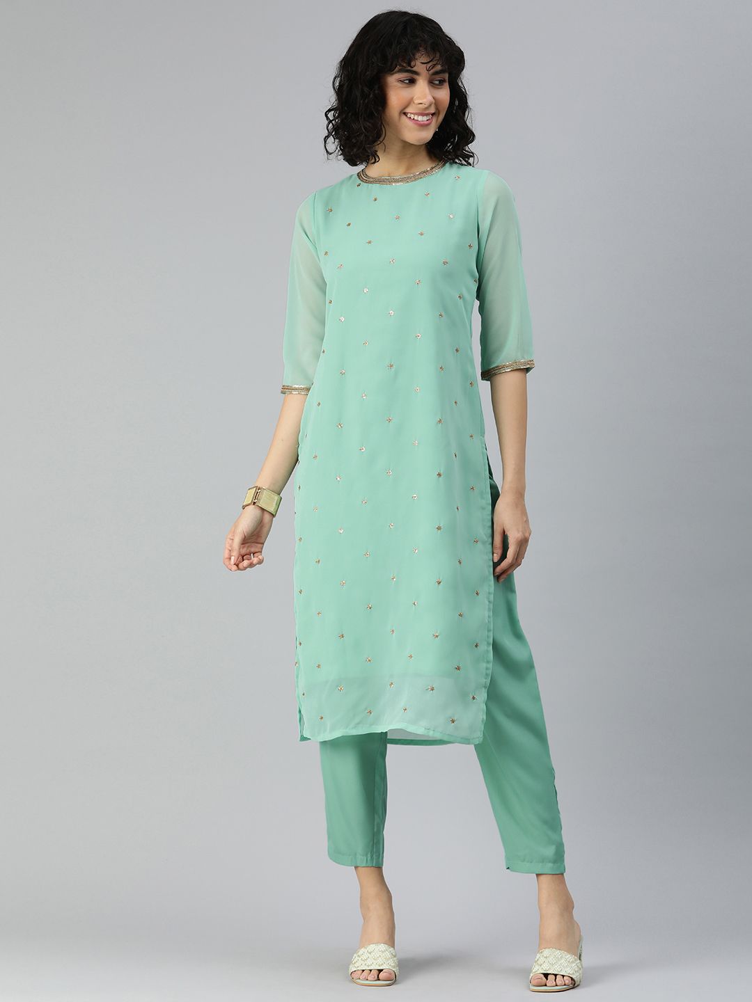 KALINI Floral Embroidered Regular Sequinned Kurta with Trousers