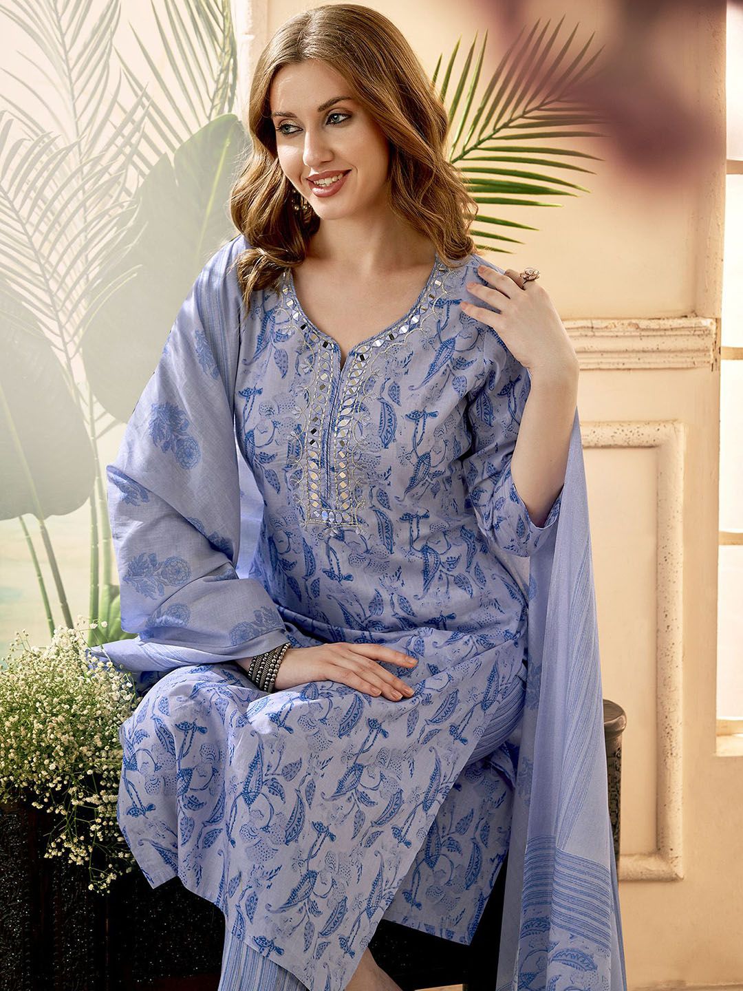 Anouk Blue Floral Embroidered Mirror Work V-Neck Pure Cotton Kurta With Trousers & Dupatta