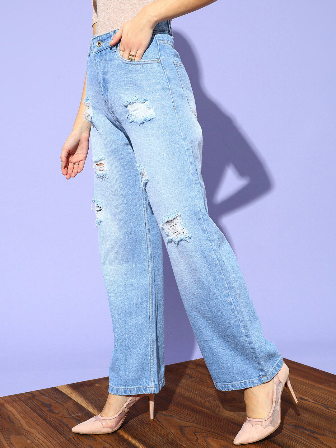 STREET 9 Women Blue Flared High-Rise Highly Distressed Heavy Fade Jeans
