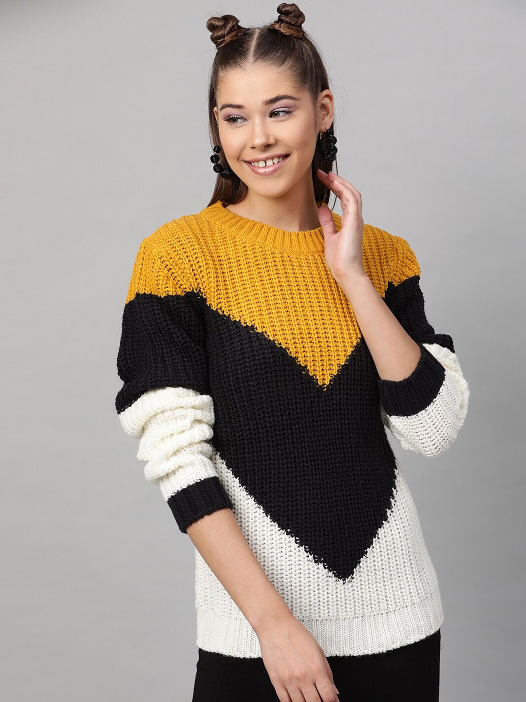 STREET 9 Women Yellow & Black Colourblocked Pullover Acrylic Sweater