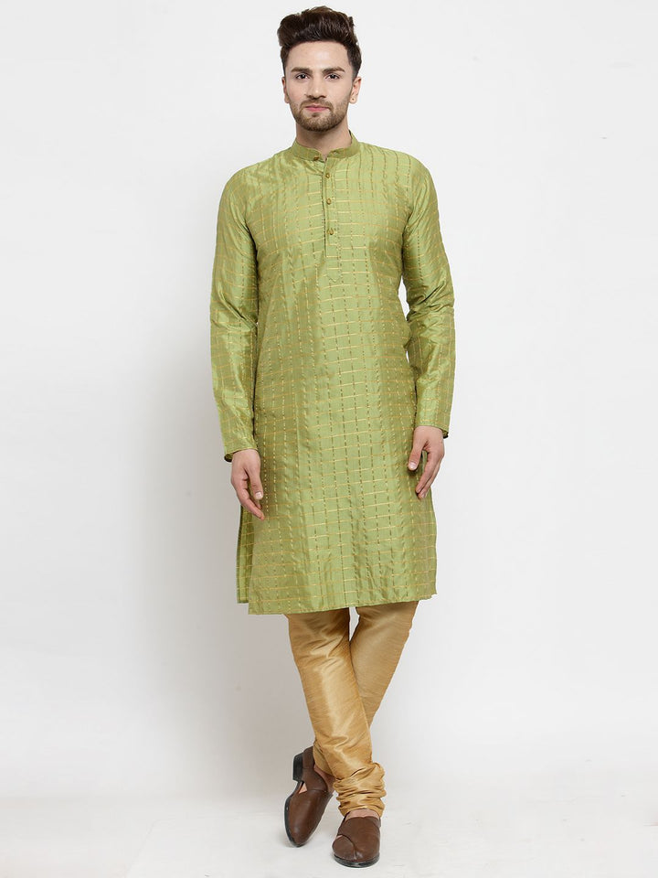 SOJANYA Men Green & Gold-Toned Checked Straight Kurta