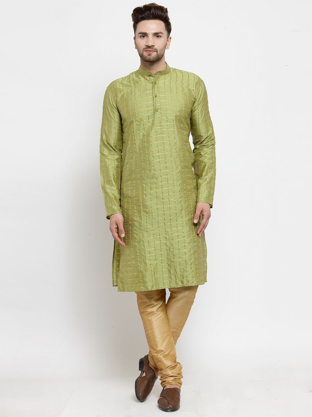 SOJANYA Men Green & Gold-Toned Checked Straight Kurta