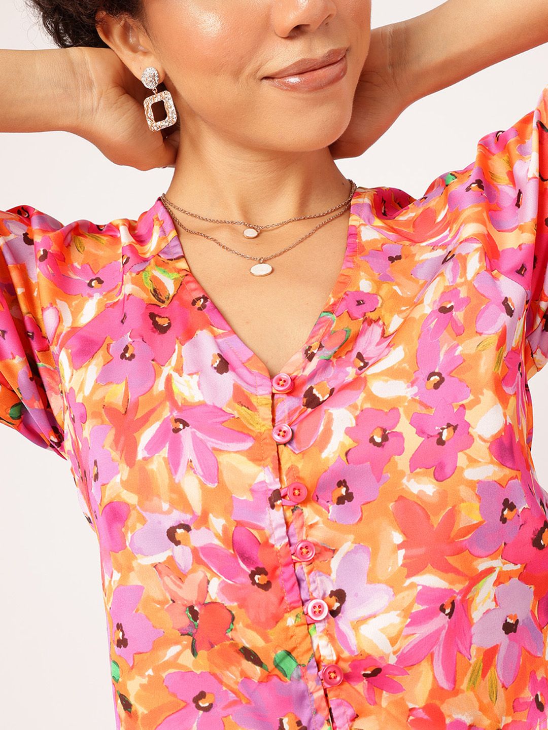 DressBerry Floral Paradise Print Puff Sleeve Shirt Style Crop Top