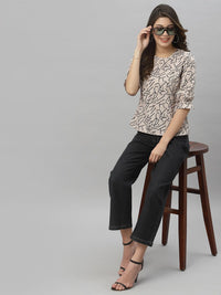 Style Quotient Nude-Coloured & Black Print Crepe Top