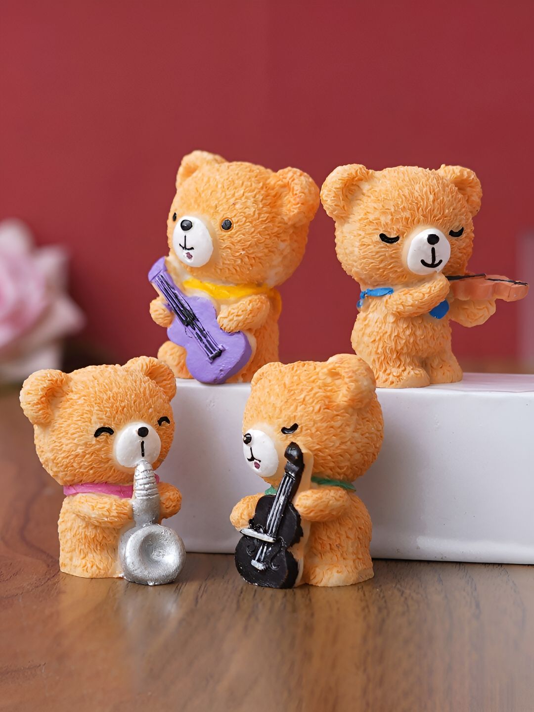 eCraftIndia Brown 4 Pcs Cute Teddy Bears Playing Musical Instruments Decorative Showpiece