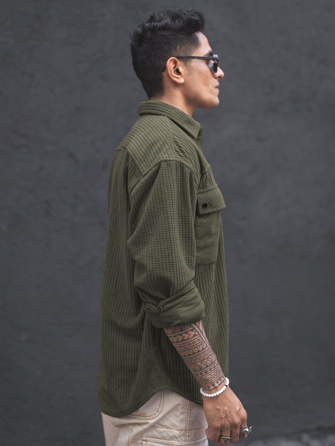 Powerlook Olive Green India Slim Textured Oversized Spread Collar Casual Shirt