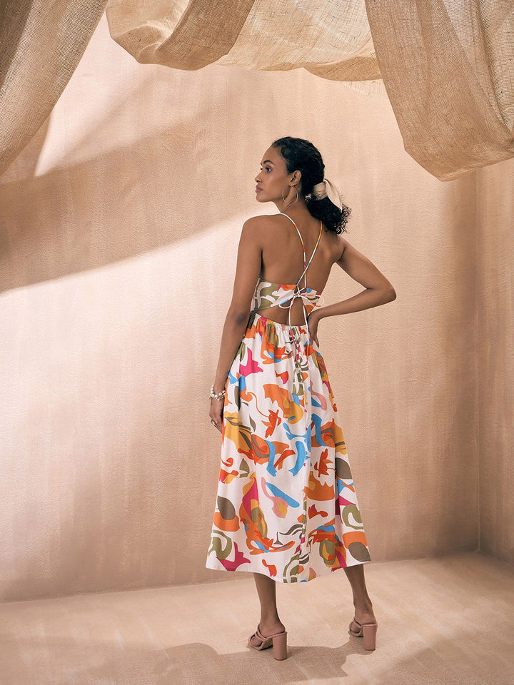 Pink Paprika by SASSAFRAS Abstract Printed Shoulder Straps Poplin Fit & Flare Midi Dress