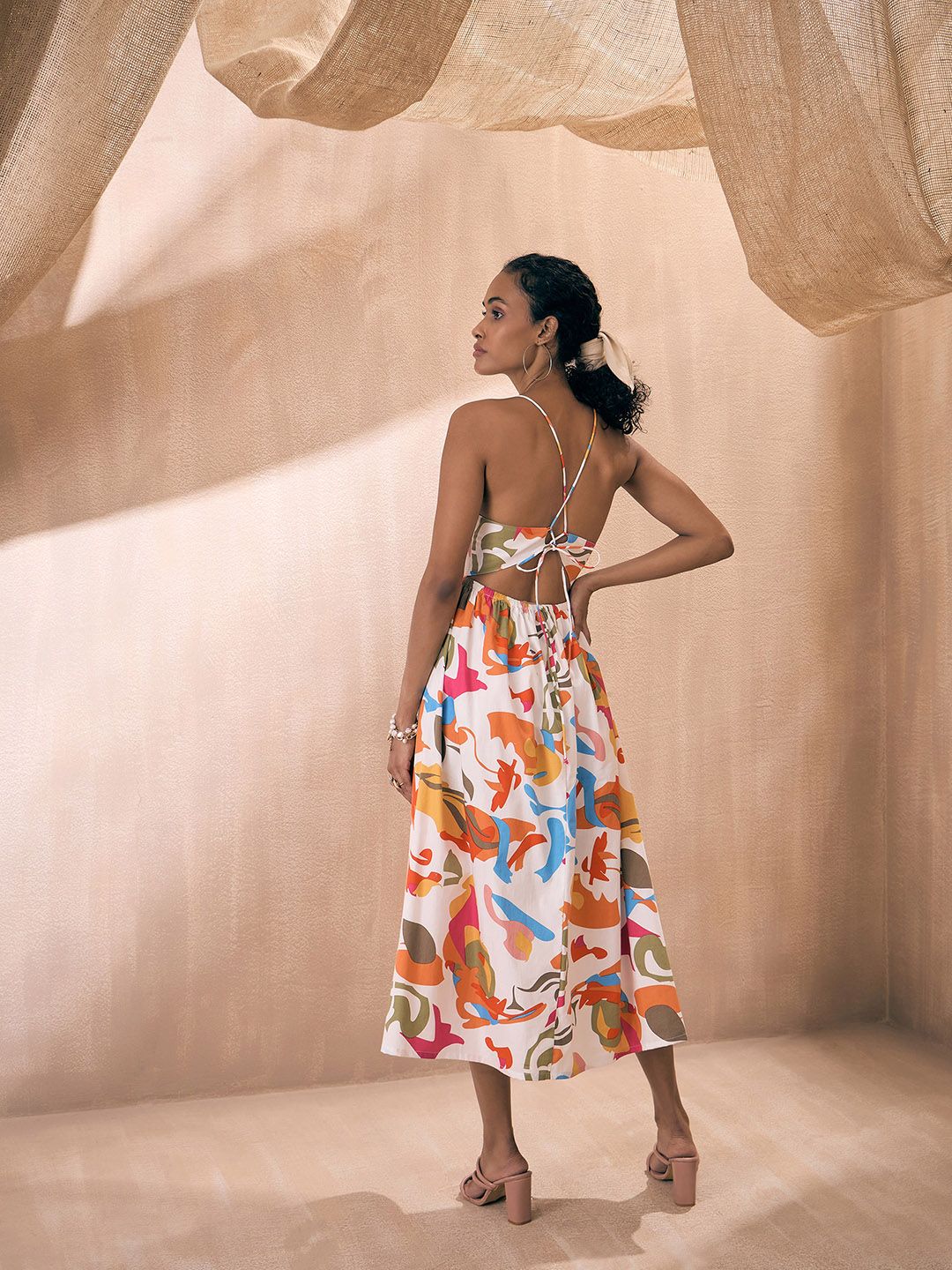 Pink Paprika by SASSAFRAS Abstract Printed Shoulder Straps Poplin Fit & Flare Midi Dress