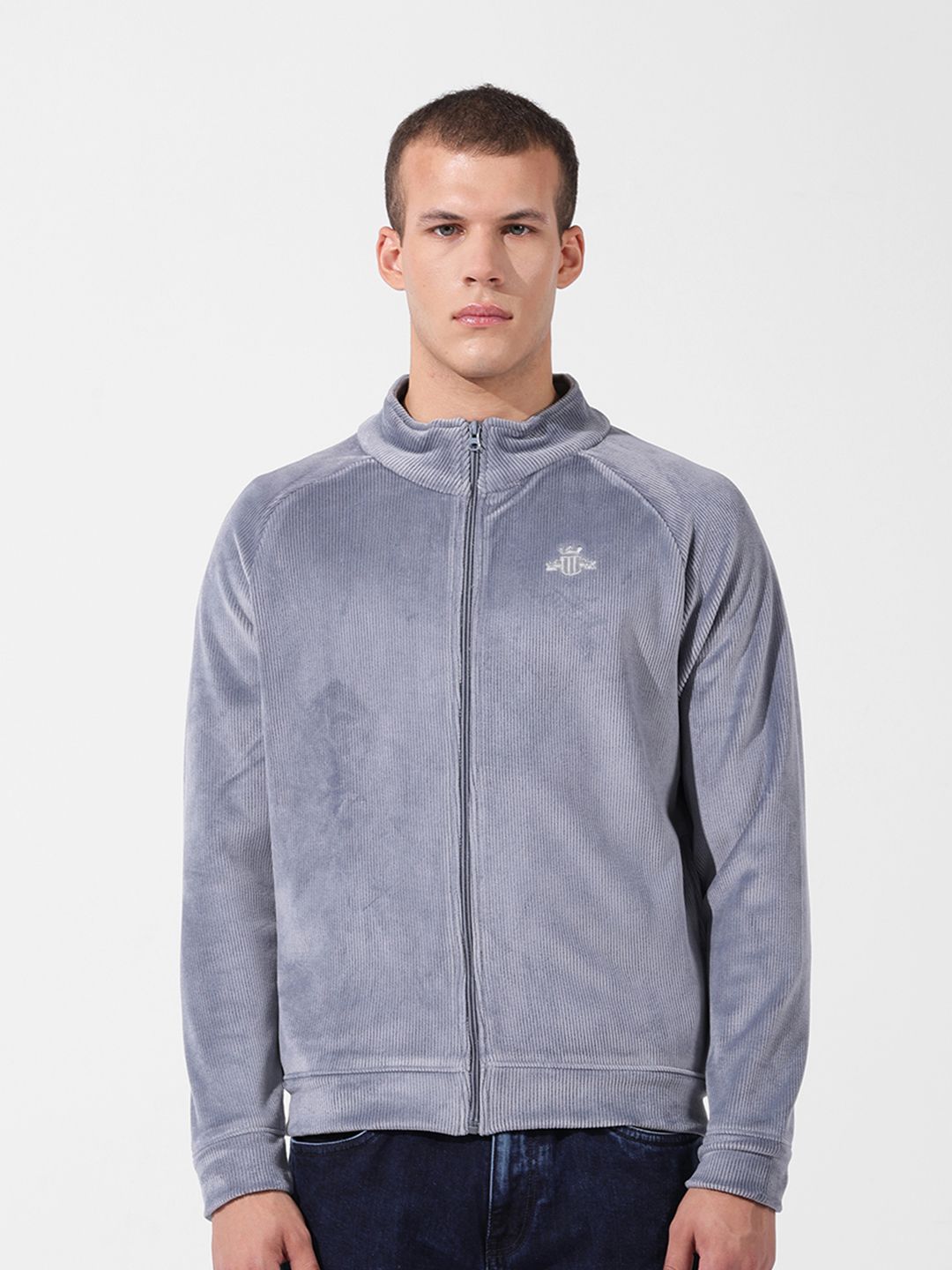 The Indian Garage Co Men's Regular Fit Self Design Corduroy Zip Up High Neck Sweatshirt