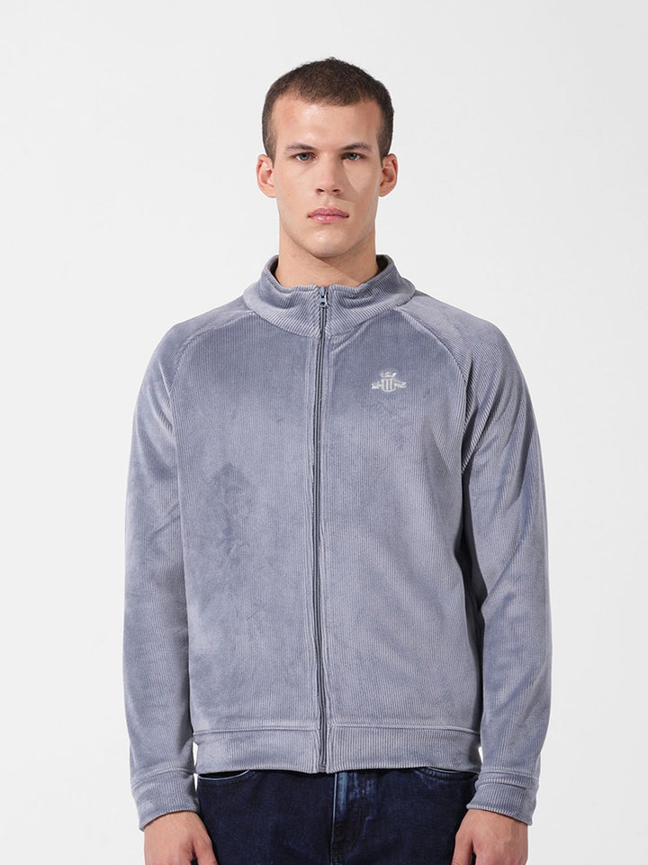 The Indian Garage Co Men's Regular Fit Self Design Corduroy Zip Up High Neck Sweatshirt