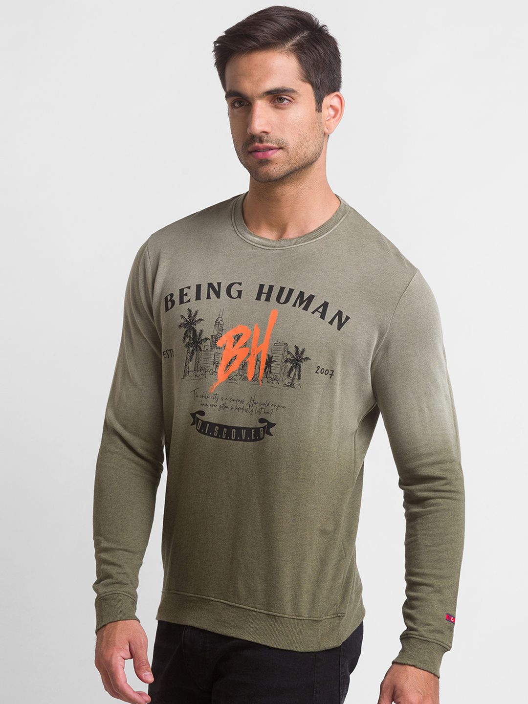 Being Human Men Olive Green Printed Pure Cotton Sweatshirt