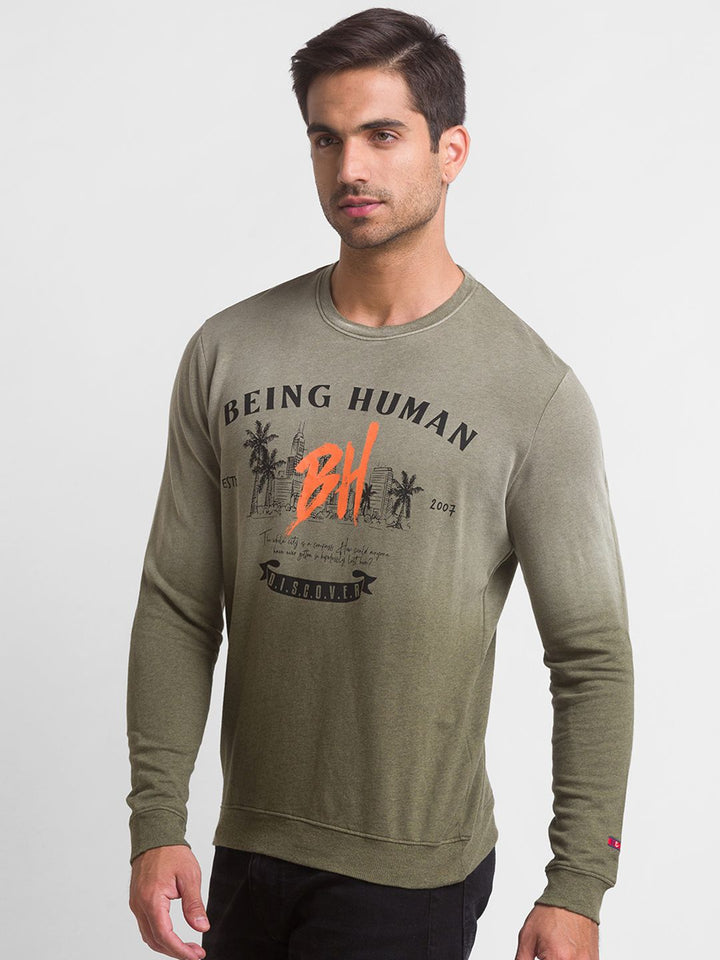 Being Human Men Olive Green Printed Pure Cotton Sweatshirt