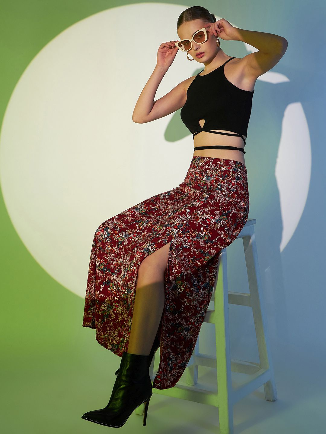Berrylush Maroon Floral Printed High Rise A-line Maxi Skirt
