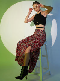 Berrylush Maroon Floral Printed High Rise A-line Maxi Skirt