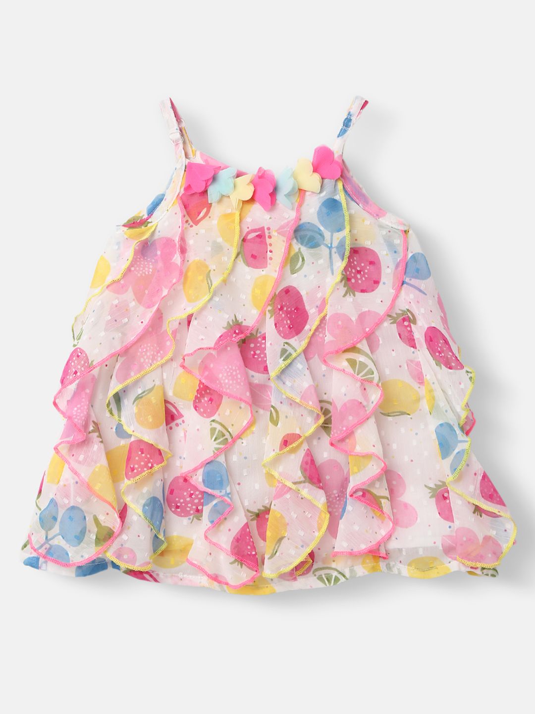 Nauti Nati Girls White & Pink Printed A-Line Dress with Ruffle Detail