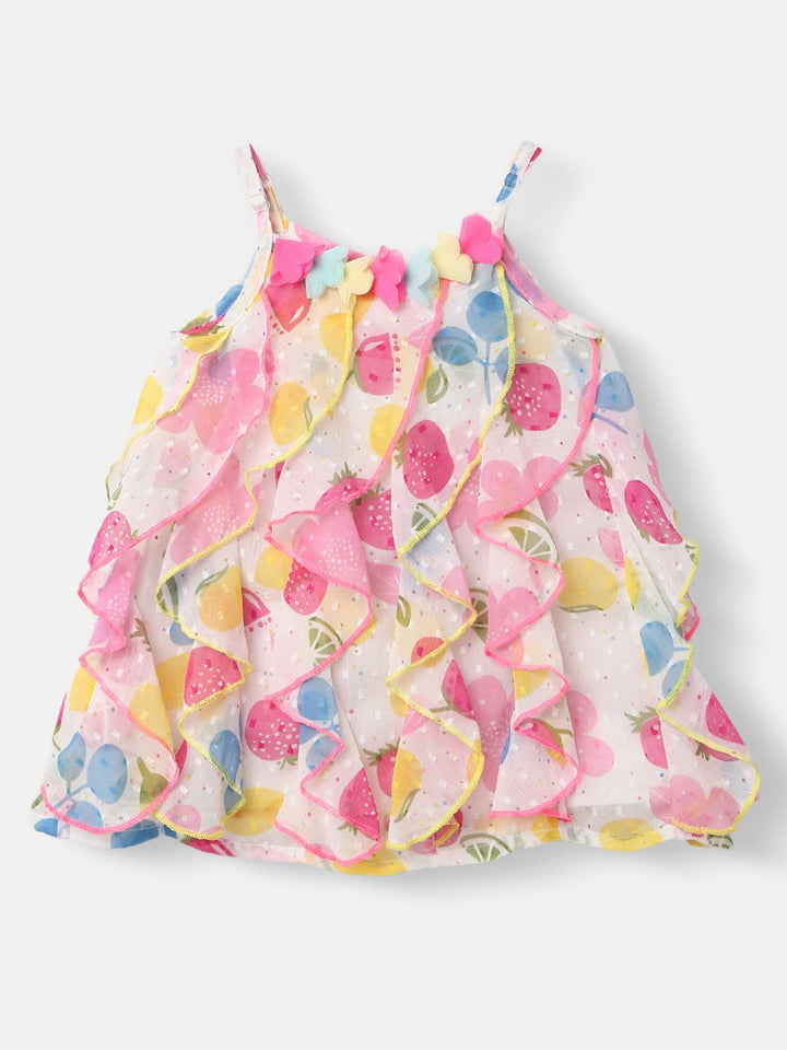 Nauti Nati Girls White & Pink Printed A-Line Dress with Ruffle Detail