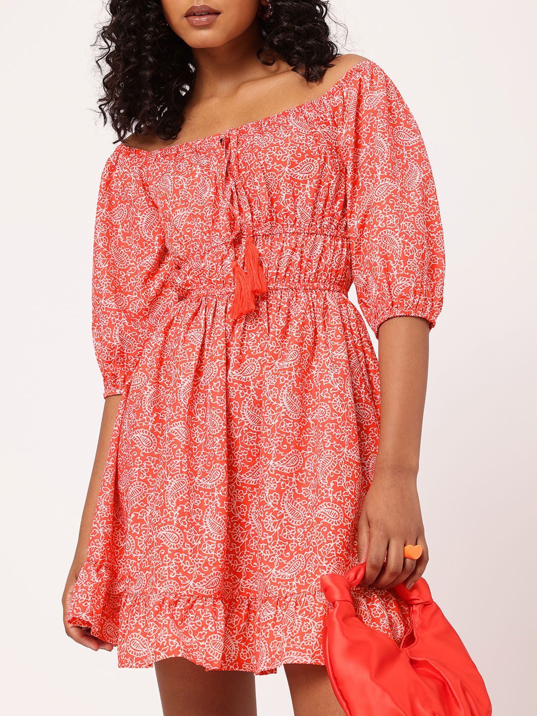 DressBerry Paisley Perfection Printed Cinched Waist Off-Shoulder A-line Mini Dress