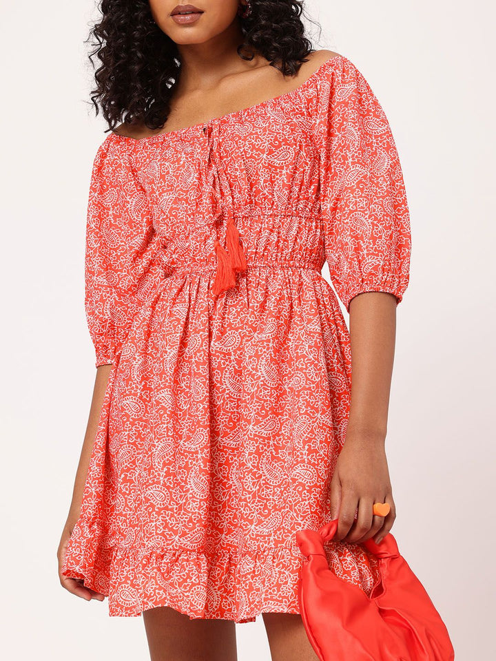 DressBerry Paisley Perfection Printed Cinched Waist Off-Shoulder A-line Mini Dress