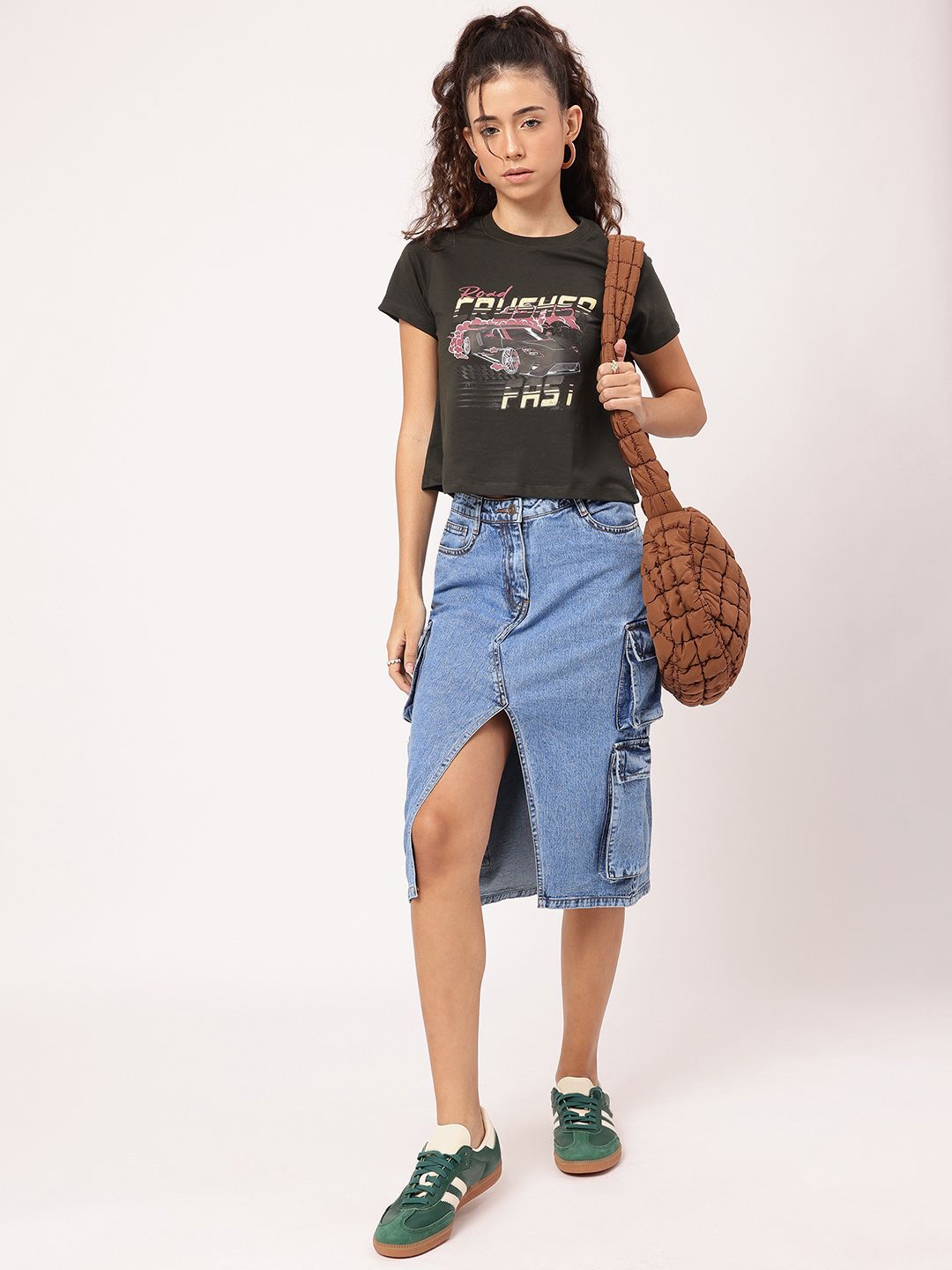 DressBerry Urban Edge Front Slit Cargo-Style Denim Midi Skirt