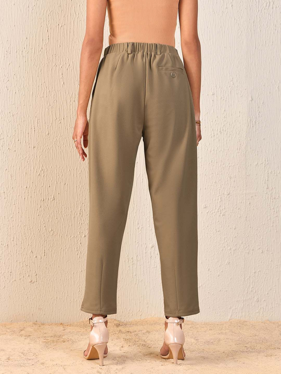 SASSAFRAS Women Beige Tapered Fit High-Rise Peg Trousers