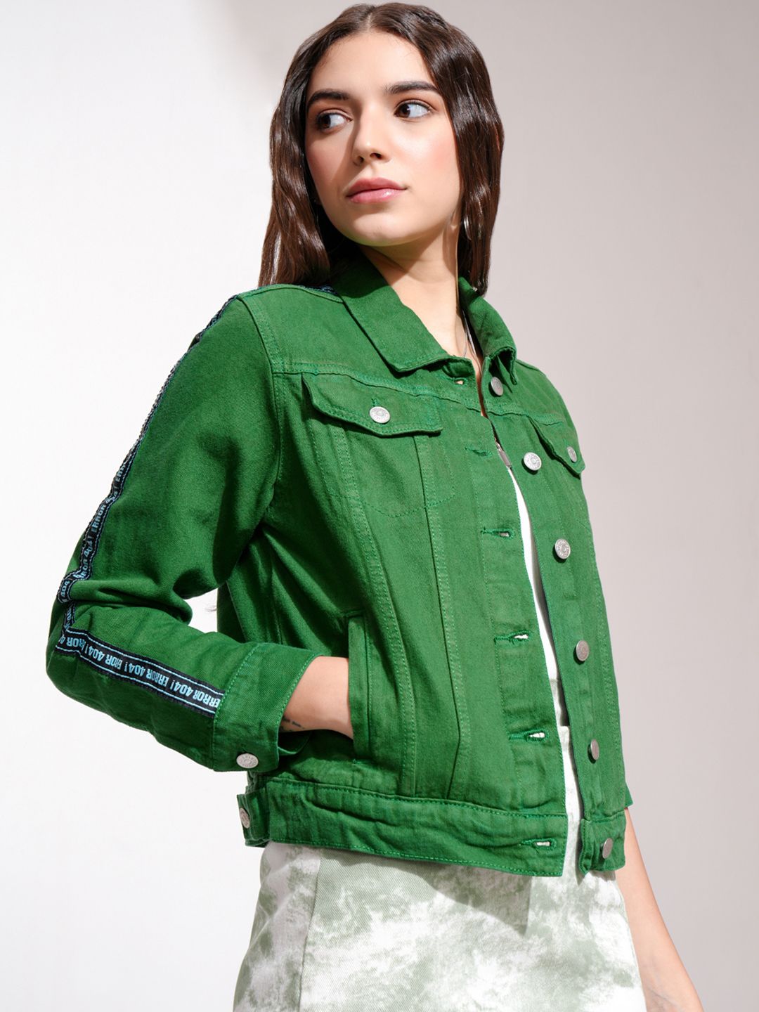 Tokyo Talkies Women Green Printed Denim Jacket