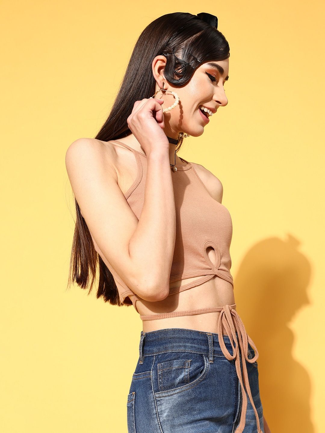SASSAFRAS Women Classy Beige Solid Midriff Flossing Top