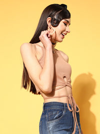 SASSAFRAS Women Classy Beige Solid Midriff Flossing Top