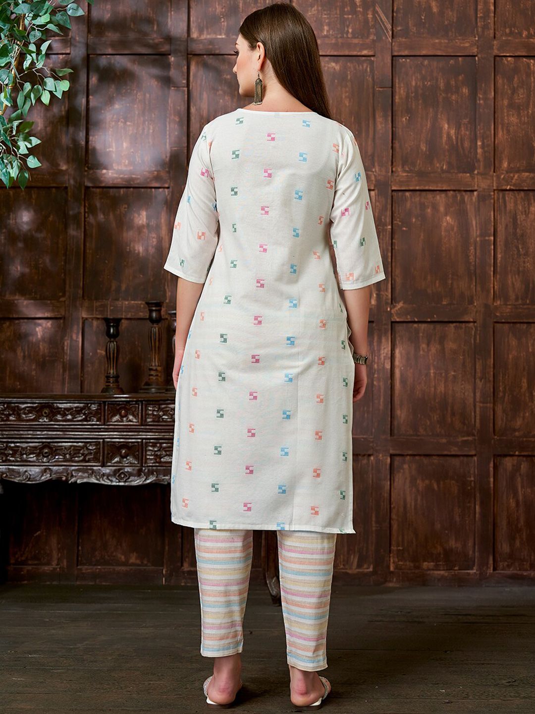 KALINI Geometric Woven Design Thread Work Kurta with Trousers