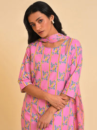 W Pink & Green & Yellow Floral Printed Pure Cotton Kurta With Trousers & Dupatta
