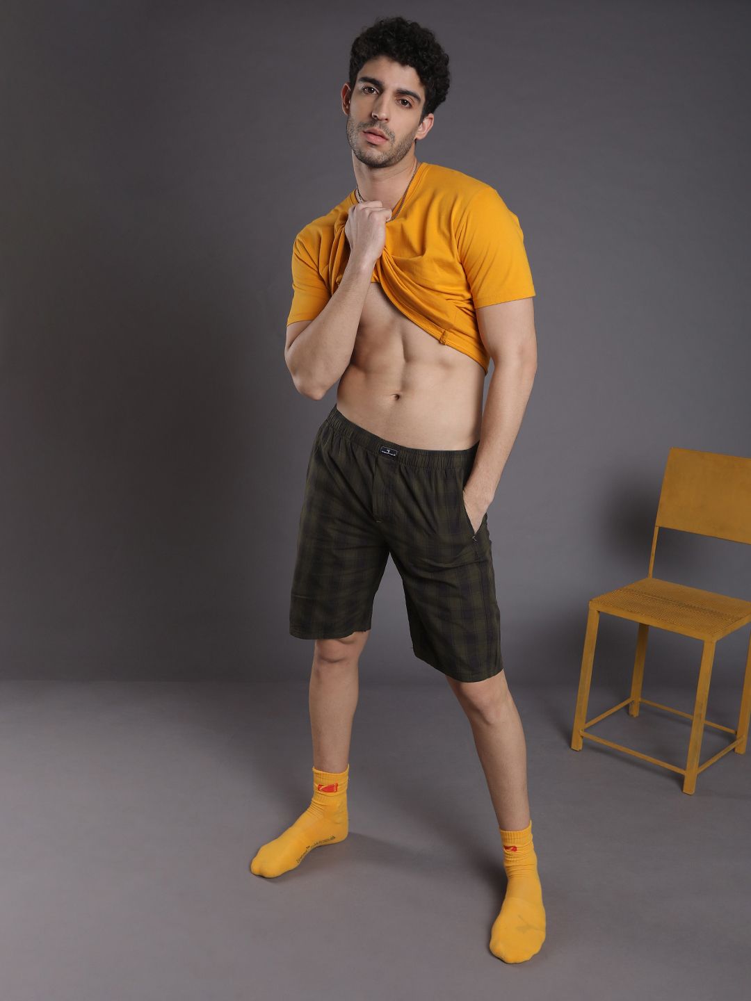 The Indian Garage Co Men Olive Green Checked Lounge Shorts