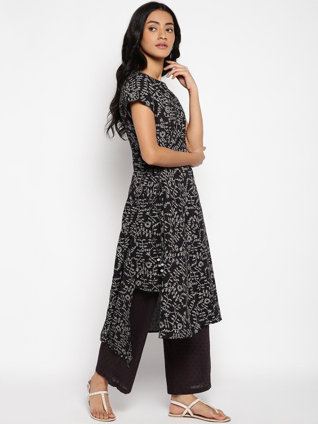 W Women Black Printed High-Low Hem Cotton Kurta