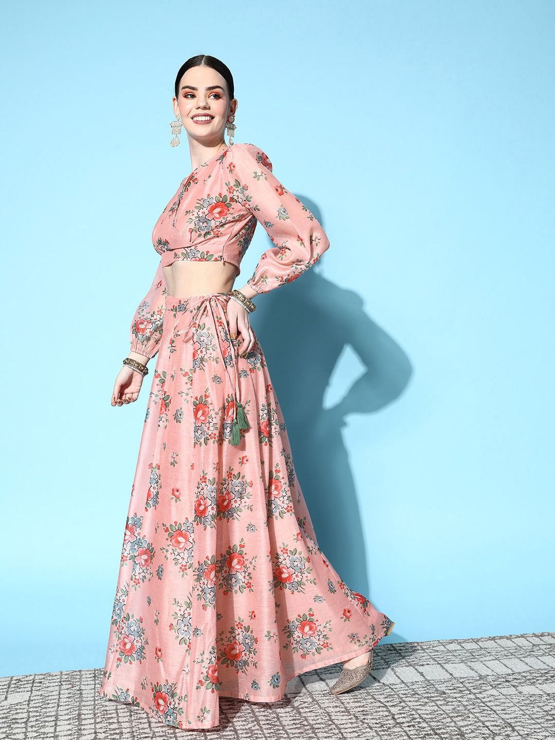 Shae by SASSAFRAS Women Peach-Coloured & Red Printed Ready to Wear Lehenga Choli