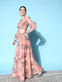Shae by SASSAFRAS Women Peach-Coloured & Red Printed Ready to Wear Lehenga Choli