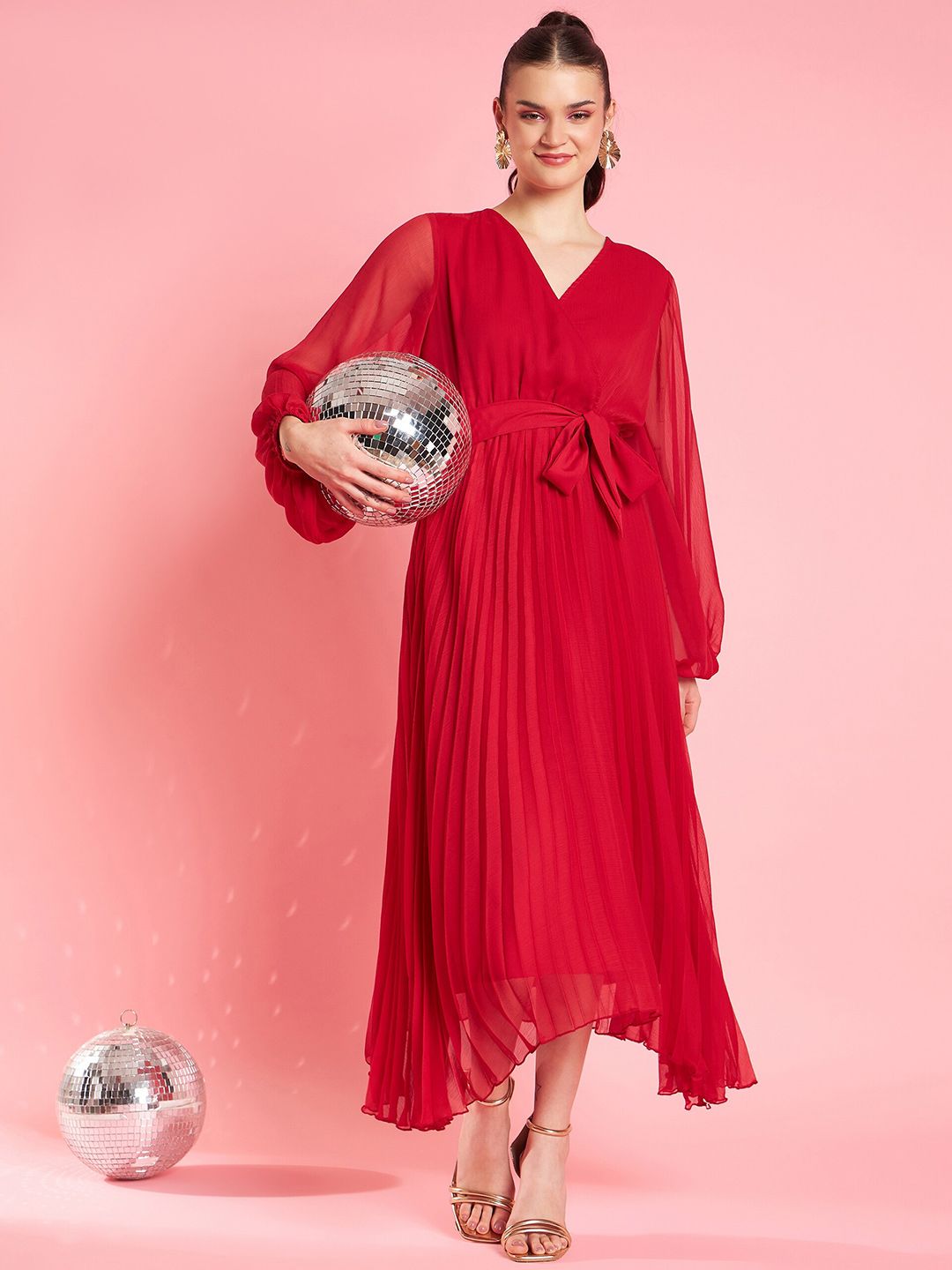 Antheaa Red V-Neck Bishop Sleeves Maxi Opaque Party Dress
