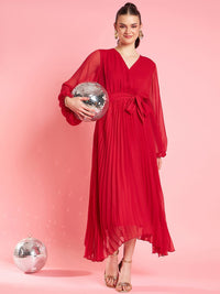 Antheaa Red V-Neck Bishop Sleeves Maxi Opaque Party Dress