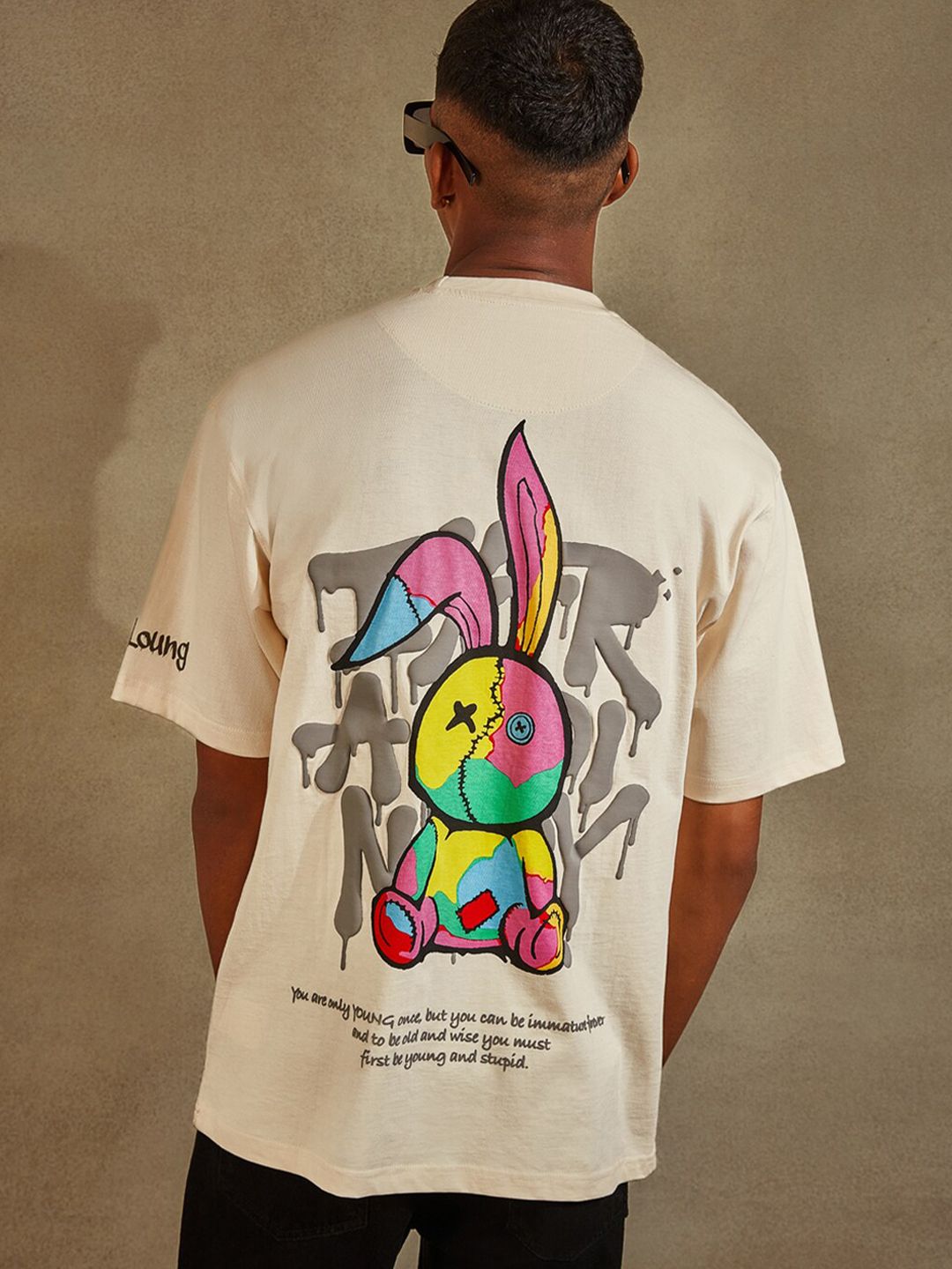 Powerlook Cream-Color Graphic Printed Oversized Pure Cotton T-shirt