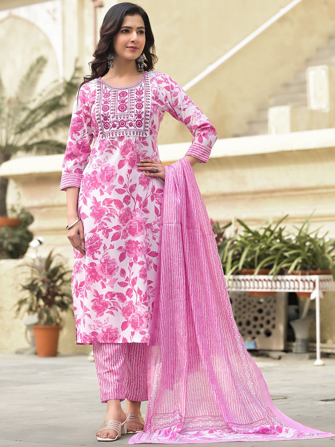 KALINI Floral Printed Regular Thread Work Kurta With Trousers & Dupatta