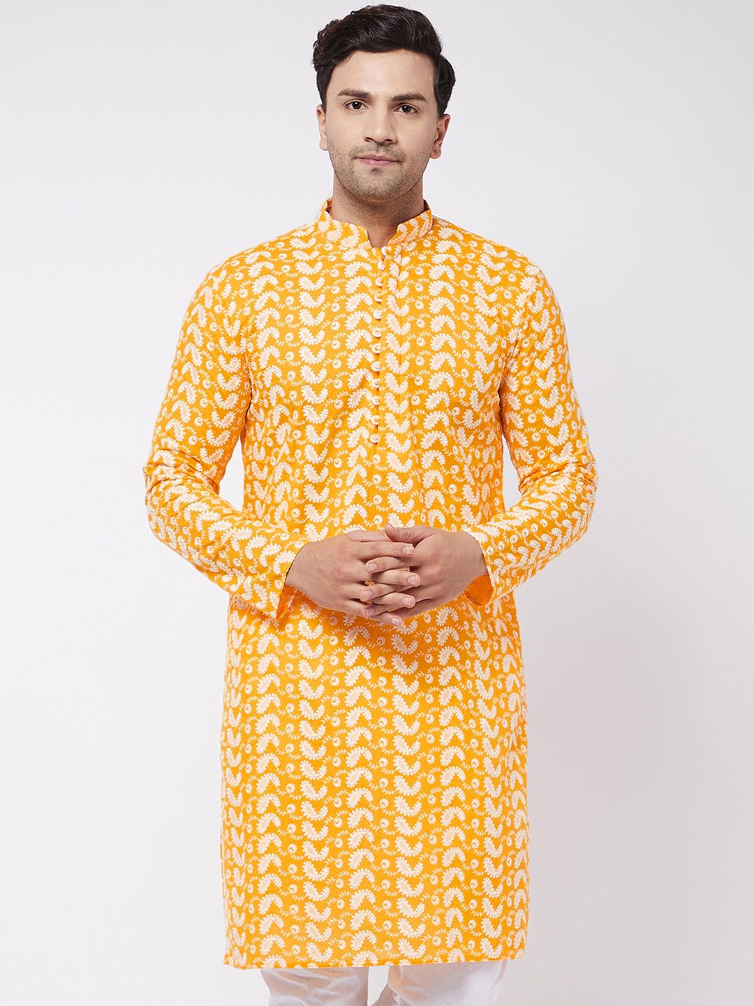 VASTRAMAY Men Orange Ethnic Motifs Chikankari Work Kurta