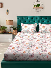 Aura Orange Floral Polycotton 300 TC King Fine Bedsheet with 2 Pillow Covers-98 x 89 inches