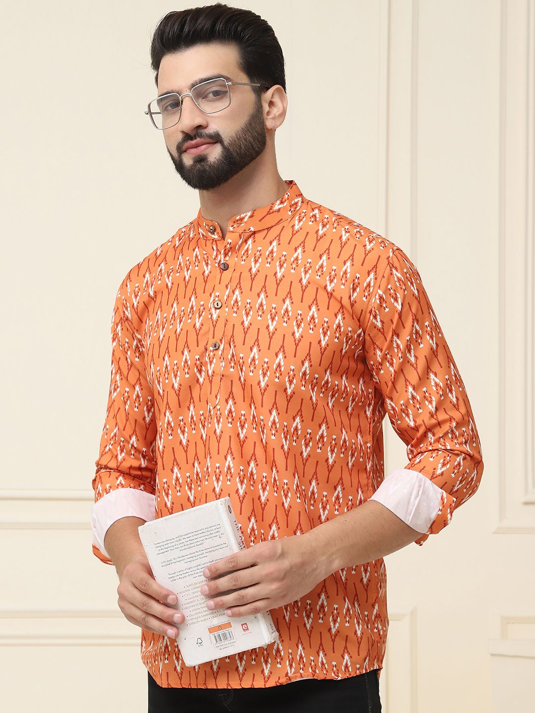 SOJANYA Lelaki Mustard Motif Etnik Kuning Bercetak Kurta