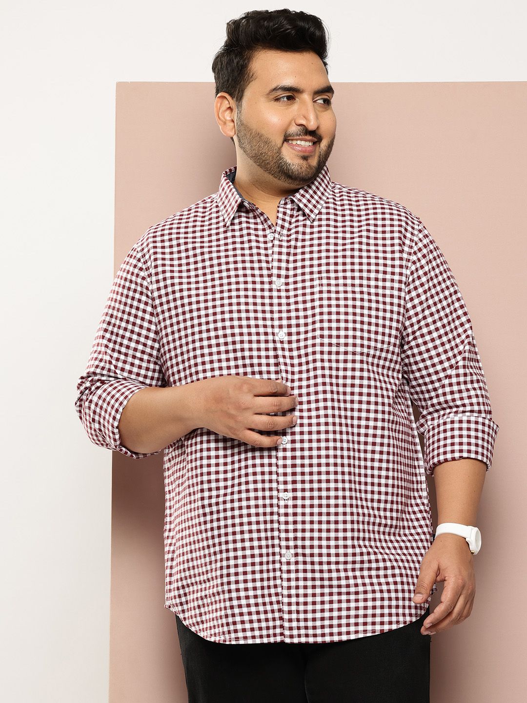 Thomas Scott Men Classic Slim Fit Gingham Checks Checked Casual Shirt