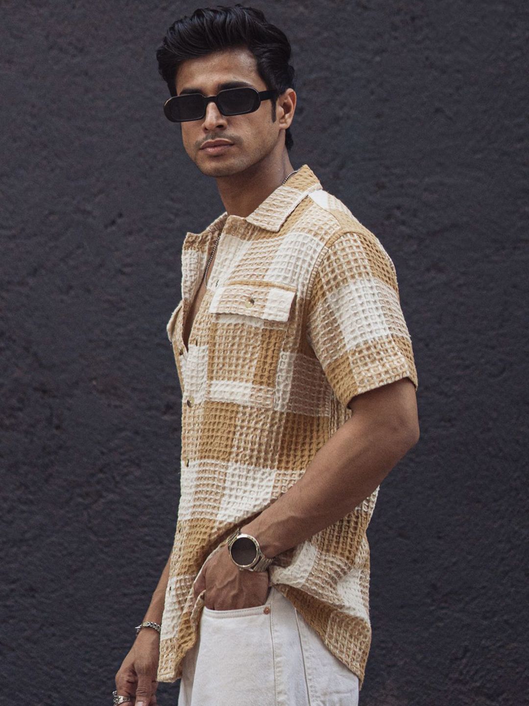 Powerlook Men Tartan Checks Opaque Checked Casual Shirt 02-1051520-S-Beige and Off White