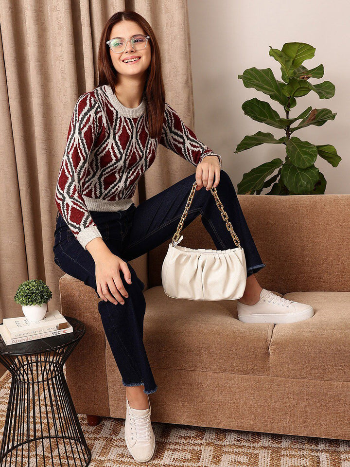 STREET 9 White & Red Cable Knit Crop Pullover