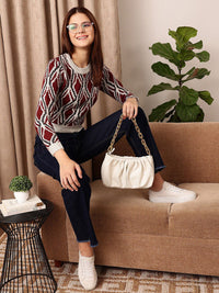 STREET 9 White & Red Cable Knit Crop Pullover